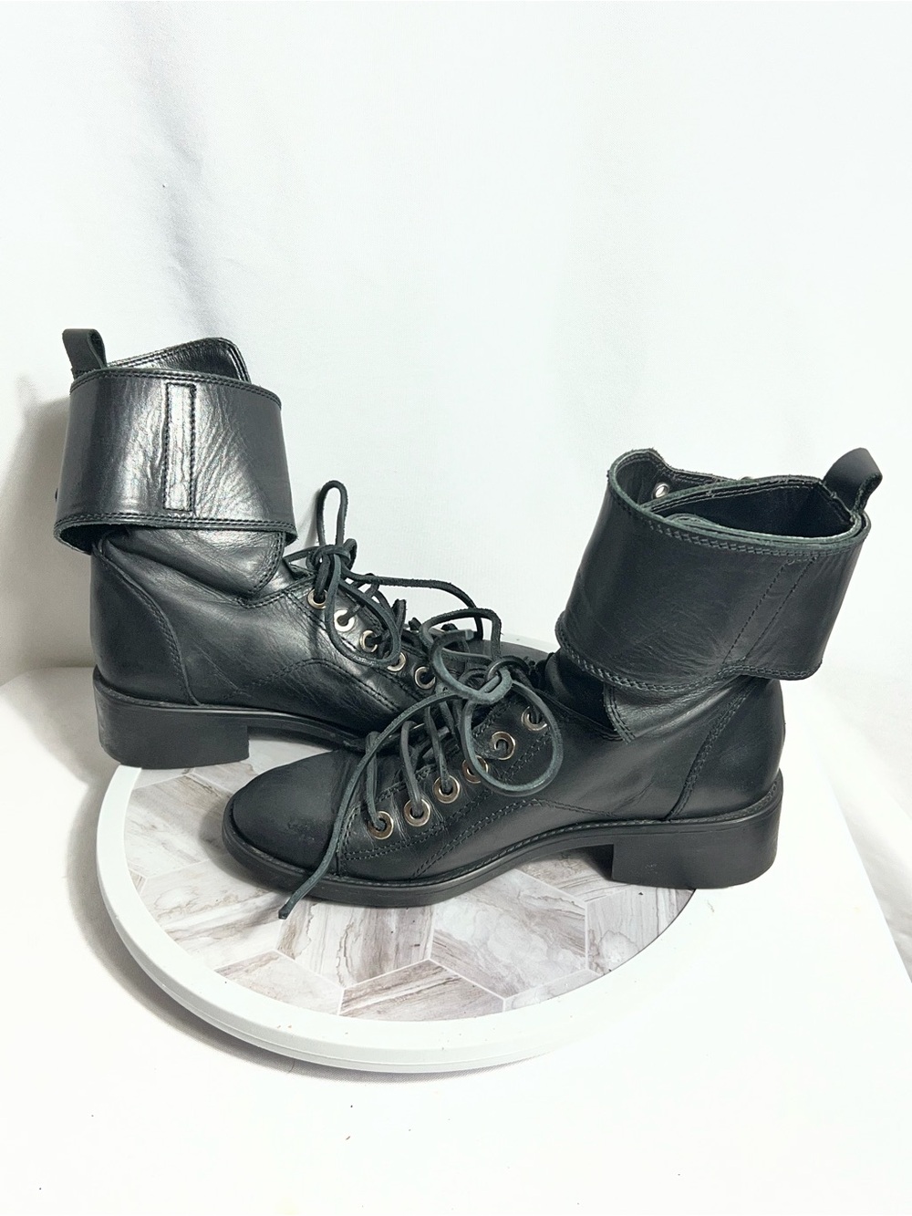 Zara Basic Collection Black Leather Combat Ankle Boots Women’s US 6 EU 36 - Picture 5 of 11